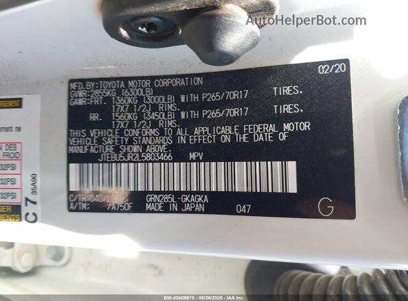 JTEBU5JR2L5803466 2020 TOYOTA 4RUNNER White Widok komory silnika