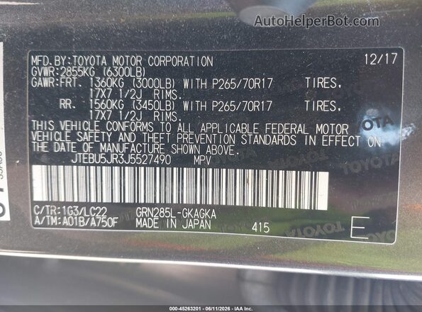 JTEBU5JR3J5527490 2018 TOYOTA 4RUNNER Gray Շարժիչի բաժամունքի տեսք