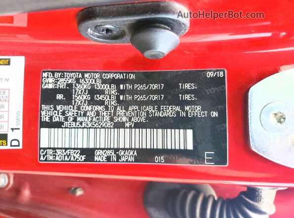 JTEBU5JR3K5629082 2019 TOYOTA 4RUNNER Red Vista de la etiqueta del VIN