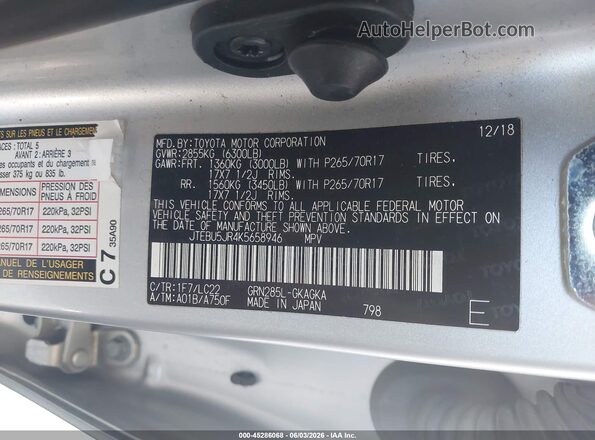 JTEBU5JR4K5658946 2019 TOYOTA 4RUNNER Silver Vista del compartimento del motor