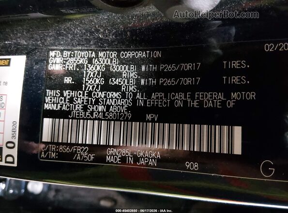 JTEBU5JR4L5801279 2020 TOYOTA 4RUNNER Blue Vista del compartimento del motor