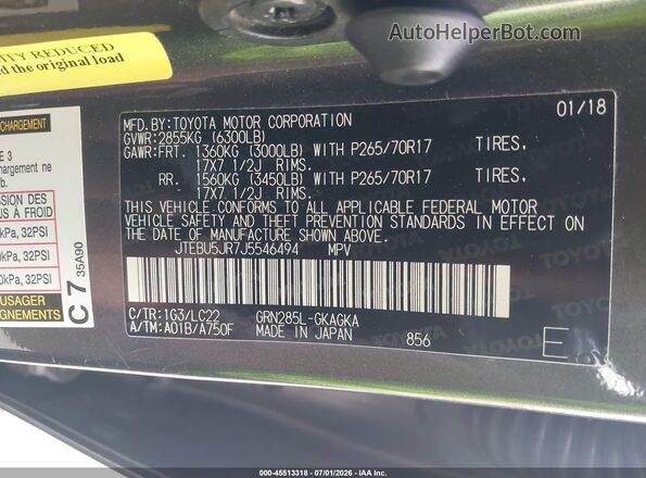 JTEBU5JR7J5546494 2018 TOYOTA 4RUNNER Серый Вид подкапотного пространства