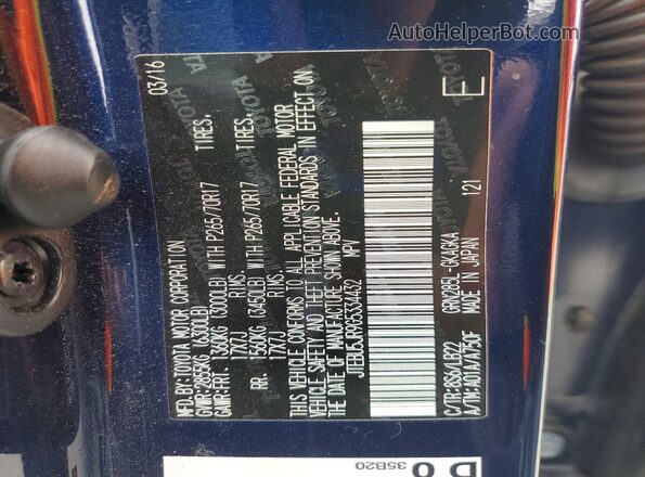JTEBU5JR9G5334432 2016 TOYOTA 4RUNNER Blue Vista de la etiqueta del VIN