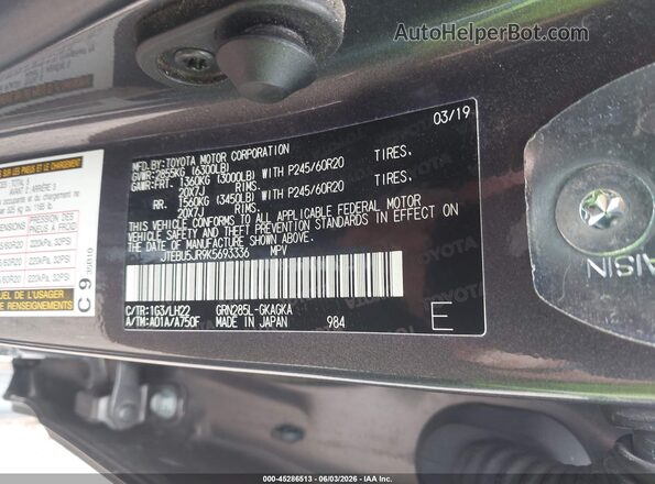 JTEBU5JR9K5693336 2019 TOYOTA 4RUNNER Gray Vista del compartimento del motor