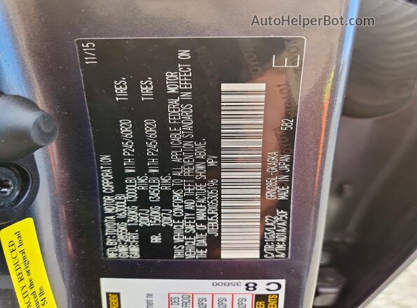 JTEBU5JRXG5305196 2016 TOYOTA 4RUNNER Charcoal Vista de la etiqueta del VIN