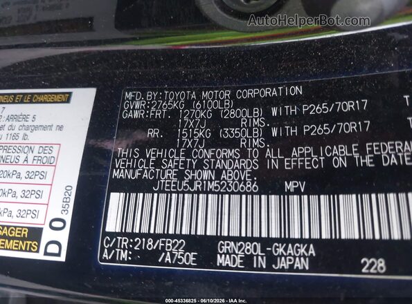 JTEEU5JR1M5230686 2021 TOYOTA 4RUNNER Black Вид підкапотного простору
