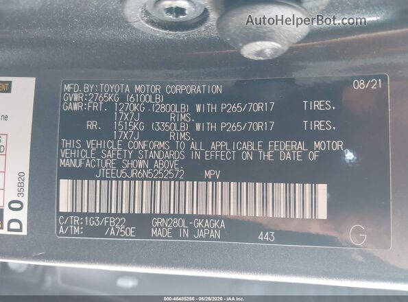 JTEEU5JR6N5252572 2022 TOYOTA 4RUNNER Gray Вид підкапотного простору