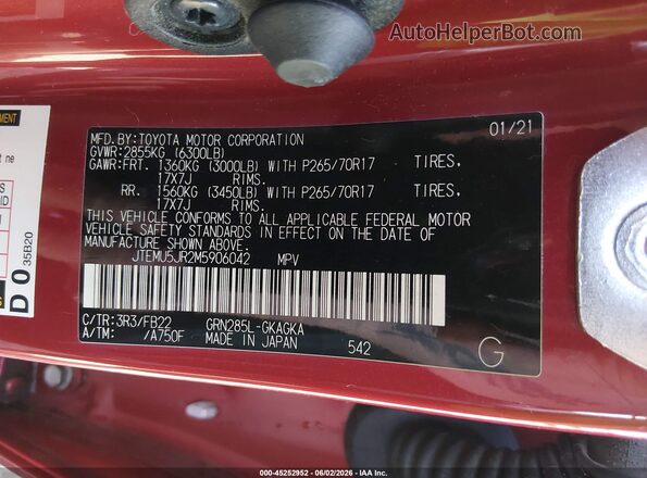 JTEMU5JR2M5906042 2021 TOYOTA 4RUNNER Красный Вид подкапотного пространства