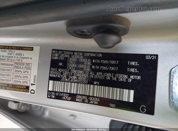 JTEMU5JR3M5922203 2021 TOYOTA 4RUNNER Silver Engine compartment view