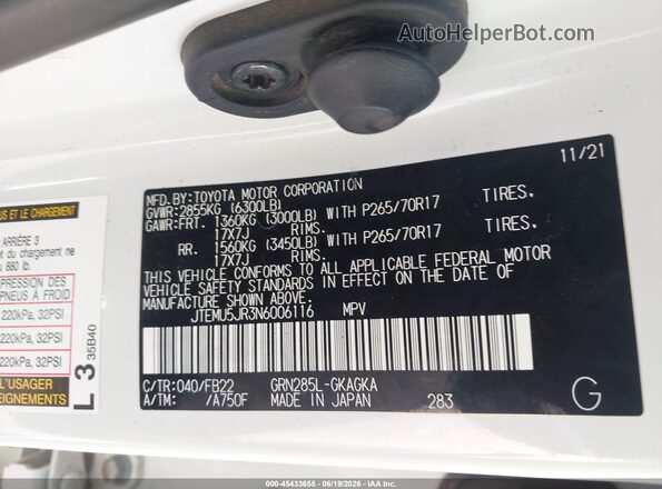 JTEMU5JR3N6006116 2022 TOYOTA 4RUNNER White Вид підкапотного простору