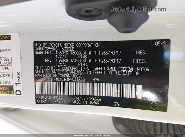 JTEMU5JR4M5941830 2021 TOYOTA 4RUNNER White Շարժիչի բաժամունքի տեսք