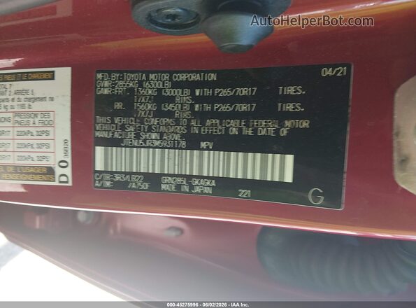 JTENU5JR3M5931178 2021 TOYOTA 4RUNNER Red Engine compartment view