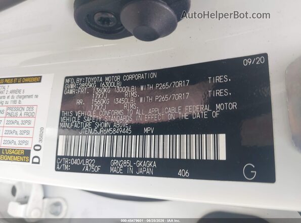 JTENU5JR6M5849445 2021 TOYOTA 4RUNNER White Vista del compartimento del motor