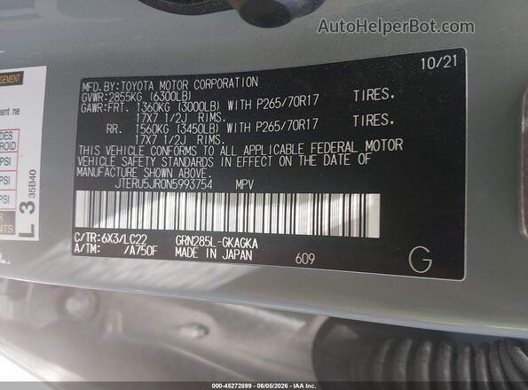 JTERU5JR0N5993754 2022 TOYOTA 4RUNNER Green ძრავის განყოფილების ხედი