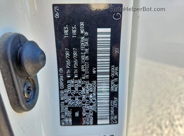 JTERU5JR1M5944268 2021 TOYOTA 4RUNNER White VIN կոդի պիտակի տեսք