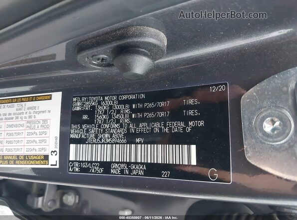JTERU5JR3M5894666 2021 TOYOTA 4RUNNER Gray Շարժիչի բաժամունքի տեսք