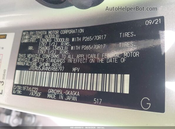 JTERU5JR4N5988797 2022 TOYOTA 4RUNNER Silver Vista del compartimento del motor