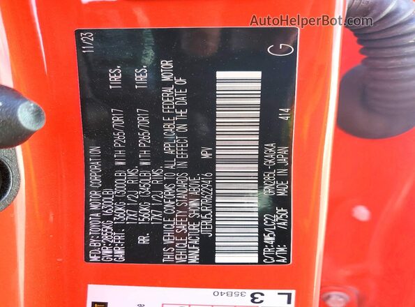 JTERU5JR7R6229416 2024 TOYOTA 4RUNNER Orange VIN sticker view