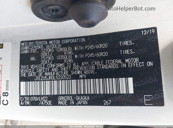 JTEZU5JR0L5220523 2020 TOYOTA 4RUNNER White Շարժիչի բաժամունքի տեսք