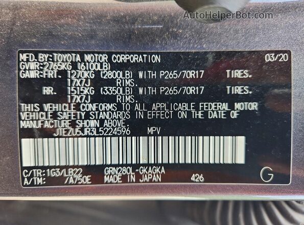 JTEZU5JR3L5224596 2020 TOYOTA 4RUNNER Gray Vista de la etiqueta del VIN