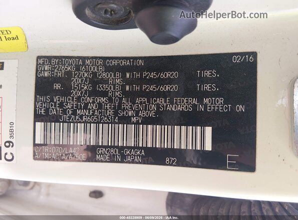 JTEZU5JR6G5126314 2016 TOYOTA 4RUNNER White Widok komory silnika