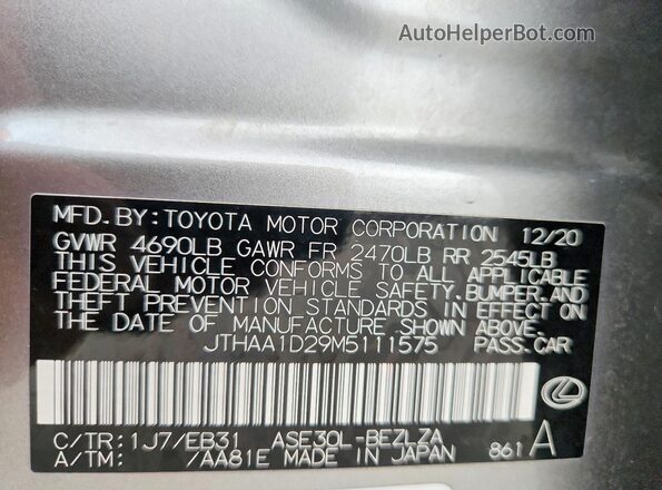 JTHAA1D29M5111575 2021 LEXUS IS Silver 