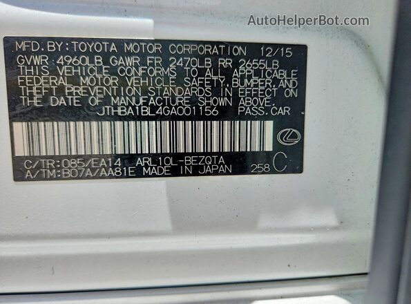 JTHBA1BL4GA001156 2016 LEXUS GS White VIN կոդի պիտակի տեսք