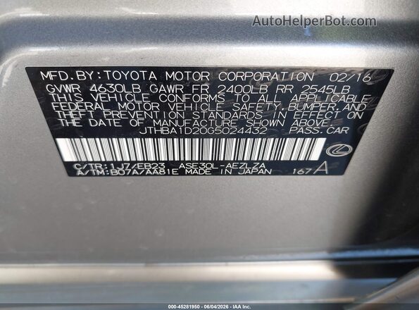 JTHBA1D20G5024432 2016 LEXUS IS 200T Silver Vista del compartimento del motor