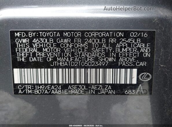 JTHBA1D21G5023497 2016 LEXUS IS 200T Gray Widok komory silnika