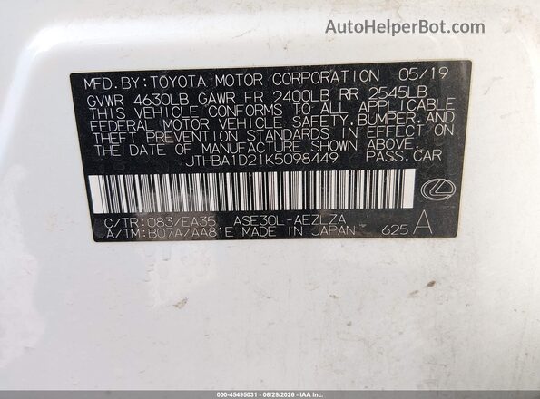 JTHBA1D21K5098449 2019 LEXUS IS 300 White ძრავის განყოფილების ხედი