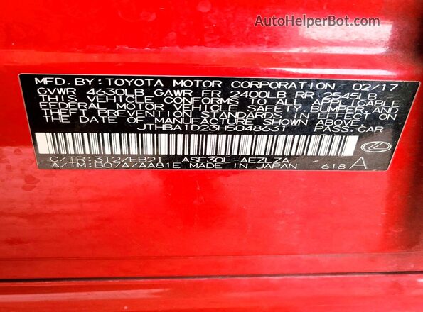 JTHBA1D23H5048631 2017 LEXUS IS Red VIN sticker view