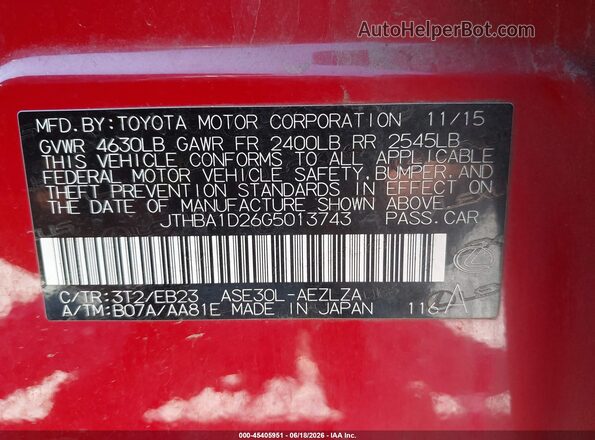 JTHBA1D26G5013743 2016 LEXUS IS 200T Red Widok komory silnika