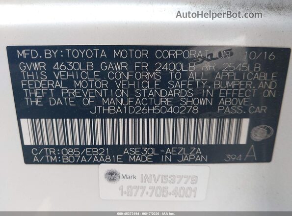 JTHBA1D26H5040278 2017 LEXUS IS 200T White Engine compartment view