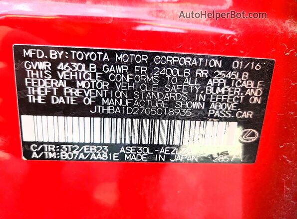 JTHBA1D27G5018935 2016 LEXUS IS Red Вид підкапотного простору