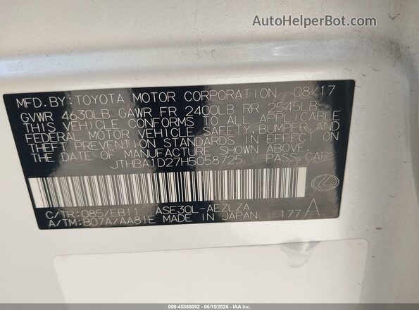 JTHBA1D27H5058725 2017 LEXUS IS 200T White Շարժիչի բաժամունքի տեսք