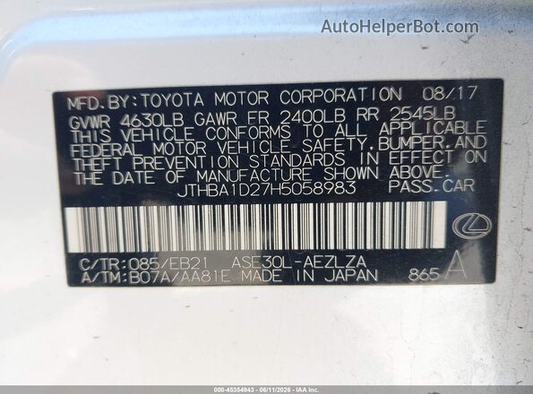 JTHBA1D27H5058983 2017 LEXUS IS 200T White 