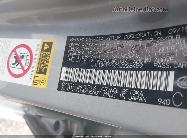 JTHBK1GG2G2228459 2016 LEXUS ES 350 Silver Widok naklejki z numerem VIN