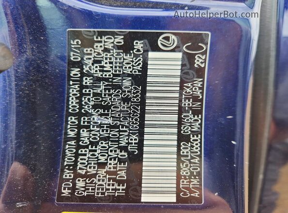 JTHBK1GG5G2218332 2016 LEXUS ES Blue 