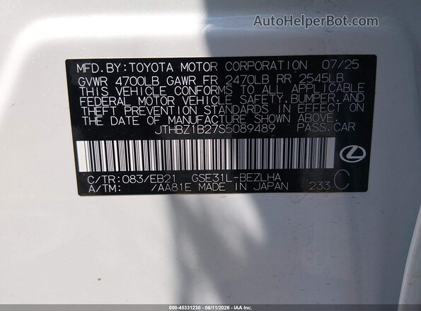 JTHBZ1B27S5089489 2025 LEXUS IS 350 White Engine compartment view
