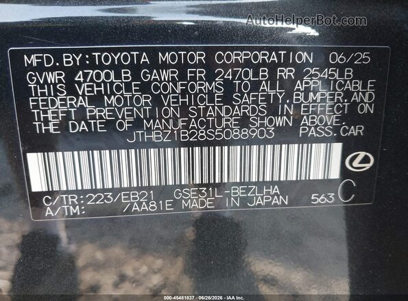 JTHBZ1B28S5088903 2025 LEXUS IS 350 Черный Вид подкапотного пространства