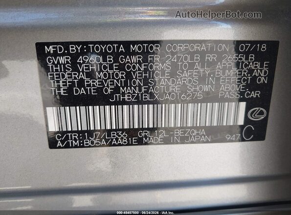 JTHBZ1BLXJA016275 2018 LEXUS GS 350 Серый Вид подкапотного пространства