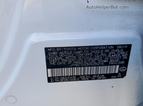 JTHBZ1D23K5035216 2019 LEXUS IS White VIN կոդի պիտակի տեսք
