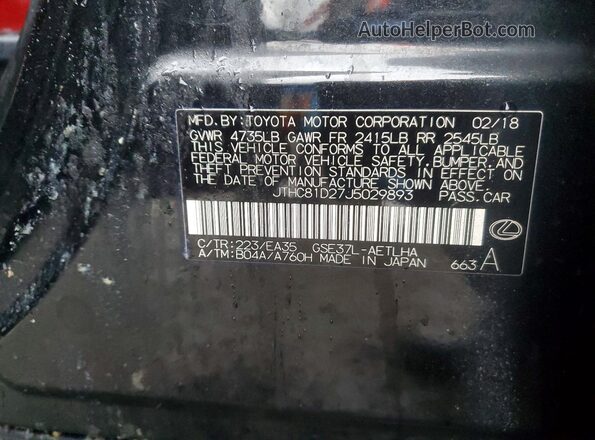 JTHC81D27J5029893 2018 LEXUS IS Black VIN კოდის სტიკერის ხედი