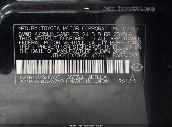 JTHCE1D27H5014376 2017 LEXUS IS 350 Black Շարժիչի բաժամունքի տեսք