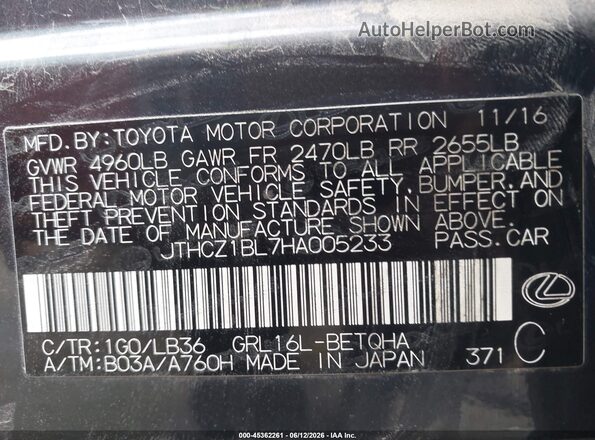 JTHCZ1BL7HA005233 2017 LEXUS GS 350 Gray Engine compartment view