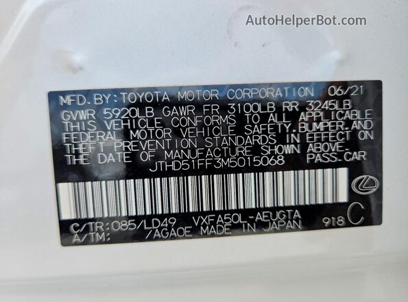 JTHD51FF3M5015068 2021 LEXUS LS White Widok naklejki z numerem VIN