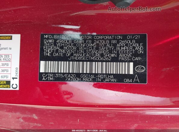 JTHD85EC1M5006262 2021 LEXUS RC 300 Red Widok komory silnika