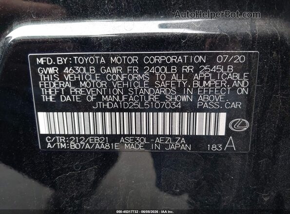 JTHDA1D25L5107034 2020 LEXUS IS 300 Black Widok komory silnika