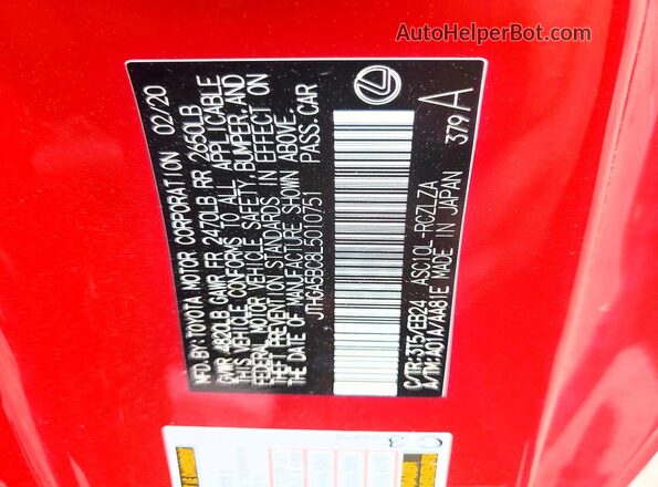 JTHGA5BC8L5010751 2020 LEXUS RC Red Widok naklejki z numerem VIN