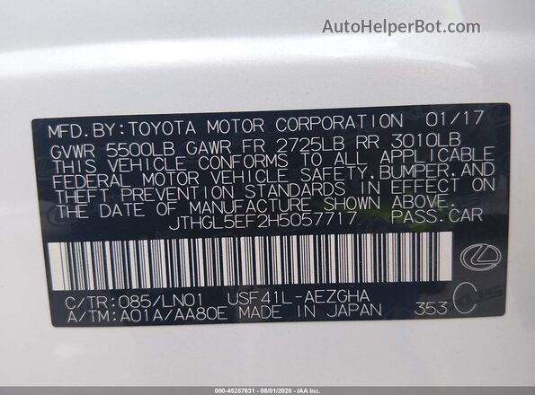 JTHGL5EF2H5057717 2017 LEXUS LS 460 White Widok komory silnika